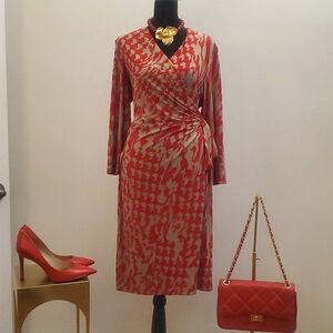 Calvin Klein Red and Beige Patterned Wrap Midi Dress